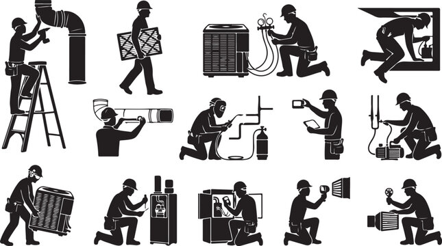 Professional Masonry Worker Silhouettes - Bricklayer and Concrete Construction Workers
