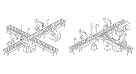 Obraz premium Automated Factory Assembly Line with Robotic Arms and Conveyor Belt - Isometric Industrial Manufacturing Process and Smart Technology