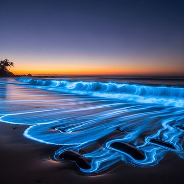 Bioluminescent waves crash on a tropical beach at twilight with palm trees silhouetted