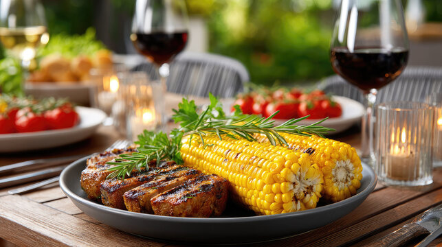 Grilled corn on the cob with fresh green parsley and tender char grilled pork slices, creating a delicious and inviting outdoor summer barbecue feast
