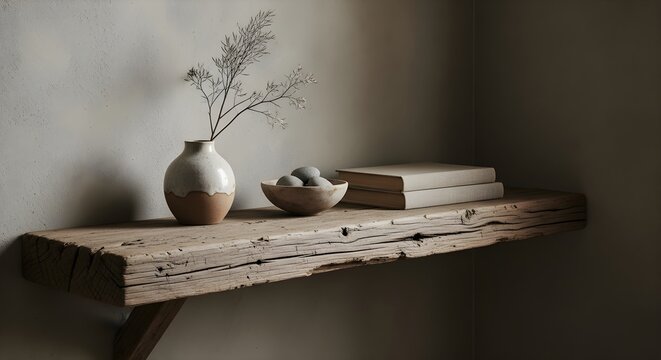 Rustic wooden shelf with decorative items: vase with dried branches, bowl of stones, and stack of books.