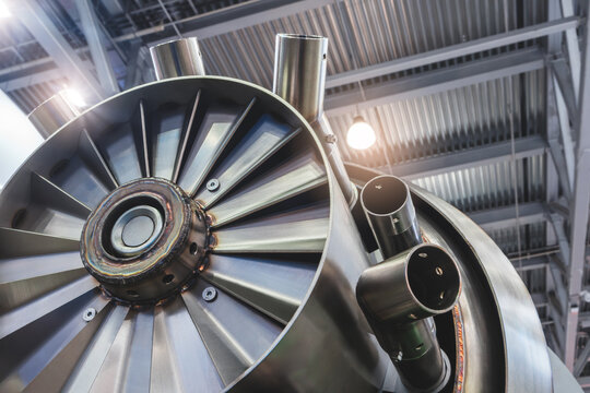 A turbine for heating water in an industrial water supply system, viewed from the bottom up. Industrial concept