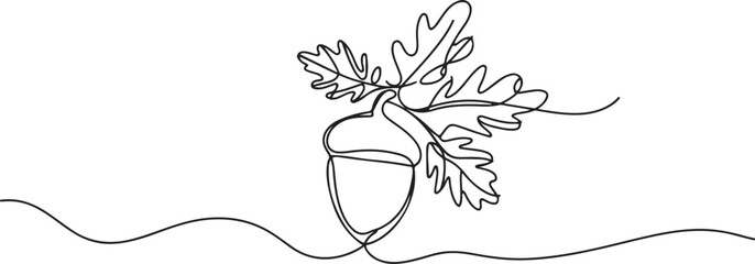Continuous one line art of a falling acorn with swirling leaves.one line vector illustration on white background © MstMoushumi