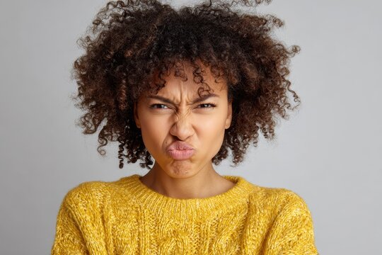 Close-up portrait of a displeased and fearful woman with curly hair wearing a bright yellow knit top
