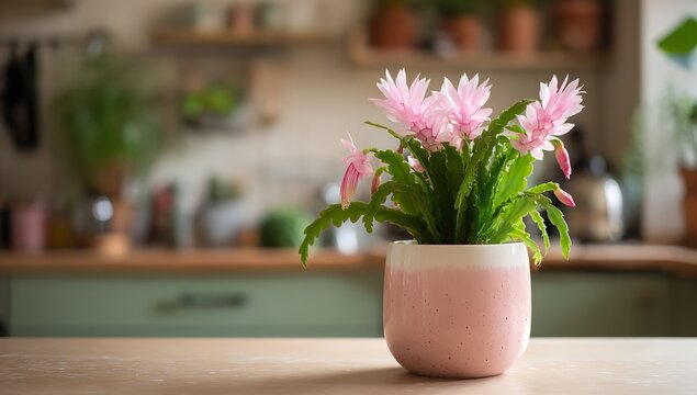 A vibrant pink Christmas cactus plant in a two-tone pink and white ceramic pot sits on a light wooden table in a bright modern kitchen area