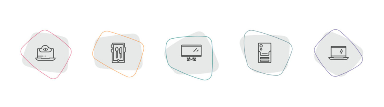 computer outline icon set. linear vector for ui, web and mobile. thin line computing code, restaurant app, tv screen icons.