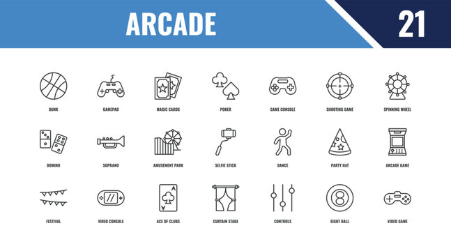 arcade outline icon set. linear vector for ui, web and mobile. thin line gamepad, spinning wheel, dance icons.