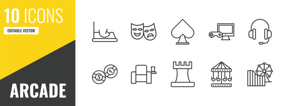arcade outline icon set. 10 linear vector for ui, web and mobile. thin line bumper car, theater, spades icons.