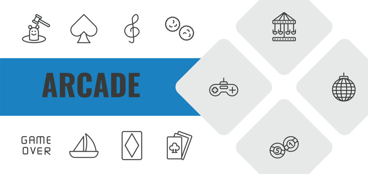 arcade outline icon set. linear vector for ui, web and mobile. thin line whack a mole, ace of spades, g clef icons.