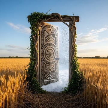 Magical doorway opens from golden wheat field to snowy winter landscape