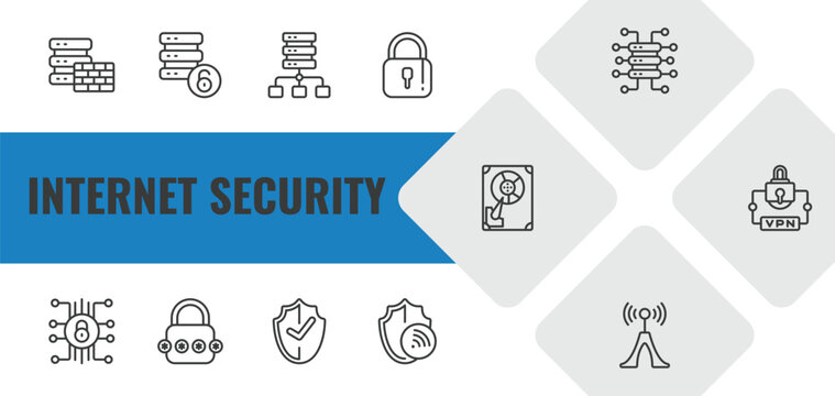 internet security outline icon set. linear vector for ui, web and mobile. thin line firewall, data unclocked, proxy server icons.
