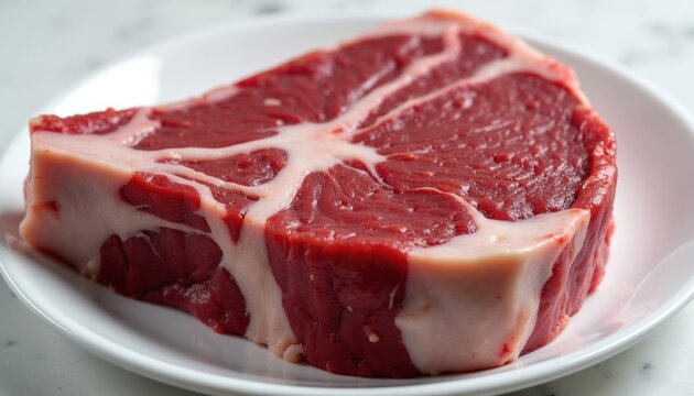 Raw red meat steak with fat marbling sits on white plate. High protein uncooked beef cut for cooking. Fresh ingredient for culinary use at home or restaurant.