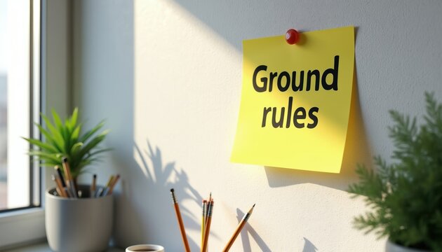 Yellow note with ground rules attached to wall near office window. Potted plants and pencils nearby. Sunlight casts shadows across the scene.