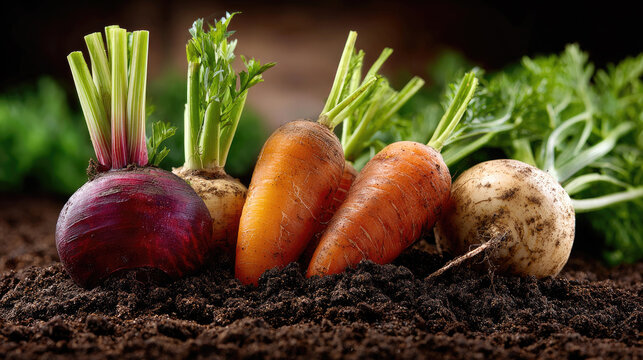 Freshly harvested earthy root vegetables, including carrots, beets, and parsnips, resting on garden soil, showing organic farming, healthy eating, and harvest bounty