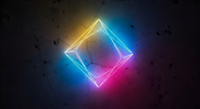 Geometric Neon Sculpture on Cracked Concrete Wall