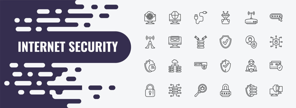 internet security outline icon set. linear vector for ui, web and mobile. thin line computer security, phone cable, router icons.
