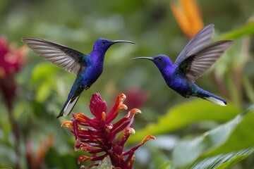 Fototapeta premium Blue and violet hummingbirds in a Costa Rican jungle savoring nectar from a bright bloom