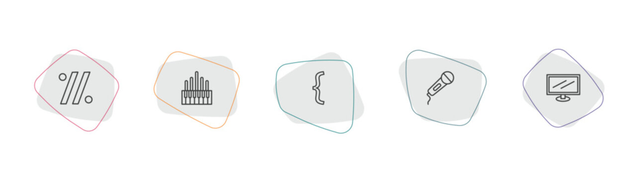 music and media outline icon set. linear vector for ui, web and mobile. thin line simile, organ, bracket icons.