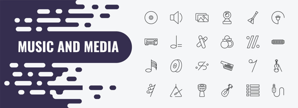 music and media outline icon set. linear vector for ui, web and mobile. thin line low volume speaker, album, balalaika icons.