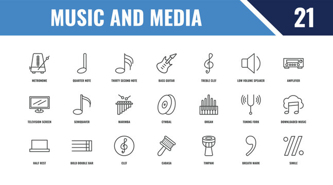 music and media outline icon set. linear vector for ui, web and mobile. thin line quarter note, amplifier, organ icons.