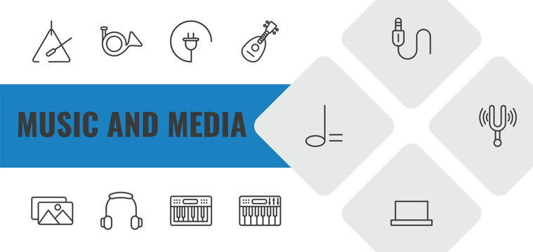 music and media outline icon set. linear vector for ui, web and mobile. thin line music triangle, french horn, charging plug icons.