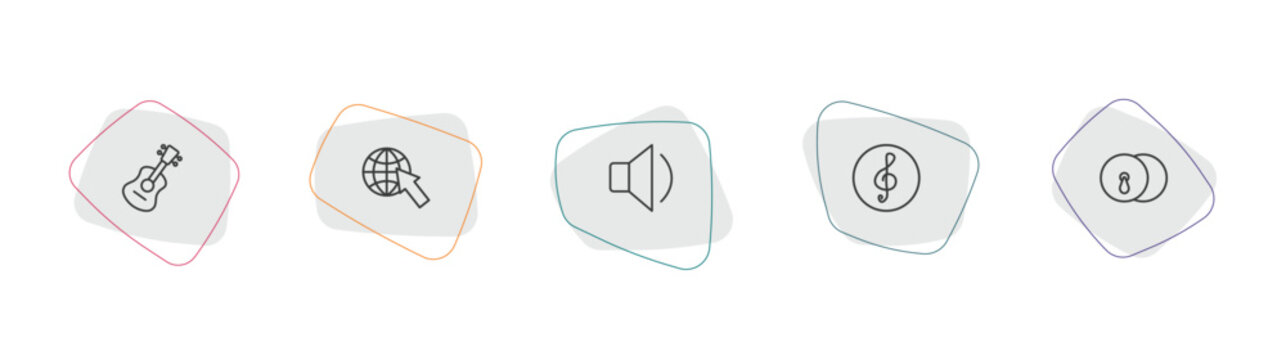 music outline icon set. linear vector for ui, web and mobile. thin line ukelele, globe with pointer, low volume speaker icons.