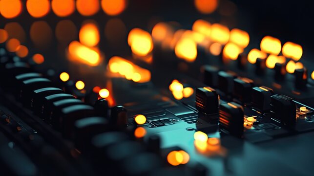 Audio mixer fader controls glowing in recording studio