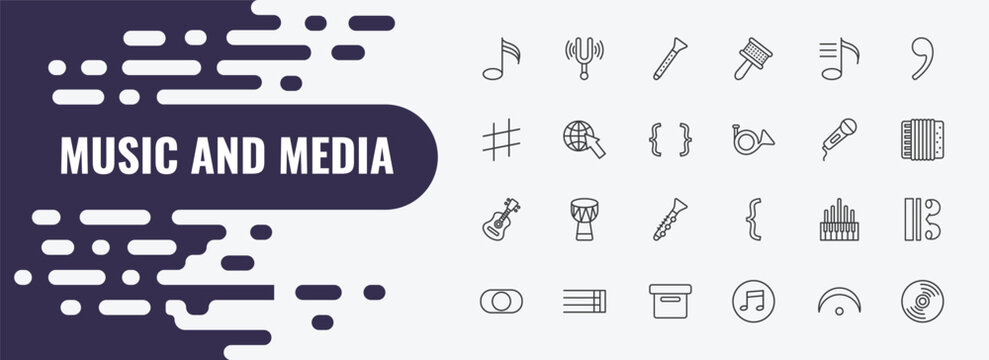 music and media outline icon set. linear vector for ui, web and mobile. thin line diapason, clarinet, playlist icons.