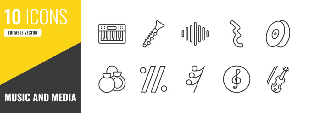 music and media outline icon set. 10 linear vector for ui, web and mobile. thin line music keyboard, oboe, acoustic icons.