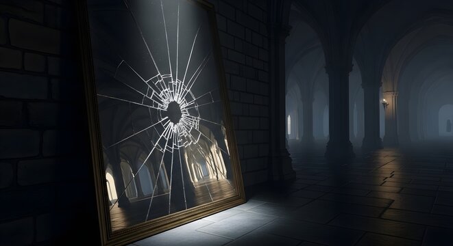 Cracked mirror reflecting a gothic hallway with torchlight