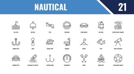 nautical outline icon set. linear vector for ui, web and mobile. thin line big bell, water resist camera, buoys icons. © Farahim