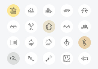 Fototapeta premium nautical outline icon set. linear vector for ui, web and mobile. thin line water resist camera, sailor cap, big crate icons.