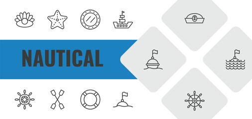 nautical outline icon set. linear vector for ui, web and mobile. thin line pearl, starfish, submarine window icons. © Farahim