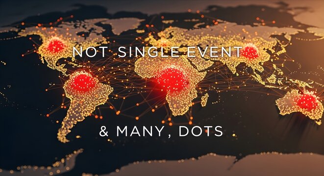 Global network of glowing dots on world map, representing connections and events