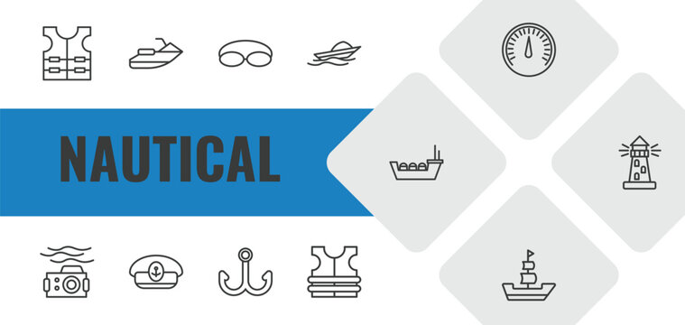nautical outline icon set. linear vector for ui, web and mobile. thin line vest, facing right, swimming glasses icons.