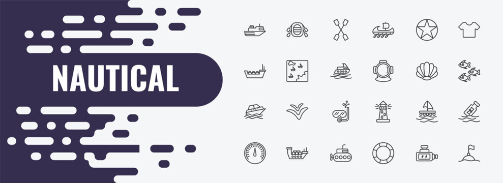nautical outline icon set. linear vector for ui, web and mobile. thin line rubber raft, double paddle, star inside circle icons.