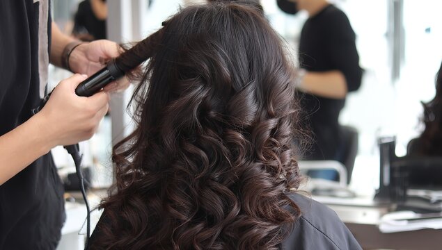 The back view of a woman's long dark hair captures a hairstylist using a professional curling iron to create defined and elegant curls