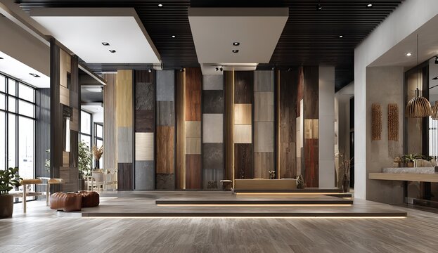A spacious modern showroom features an impressive display of diverse wood and stone wall panels showcasing various colors grains and textures