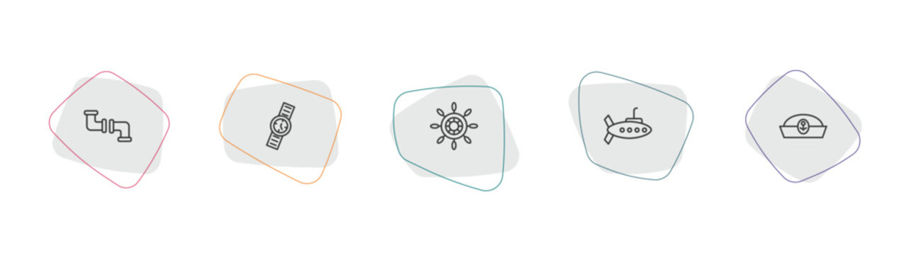 nautical outline icon set. linear vector for ui, web and mobile. thin line pipe, water resist watch, helm icons.