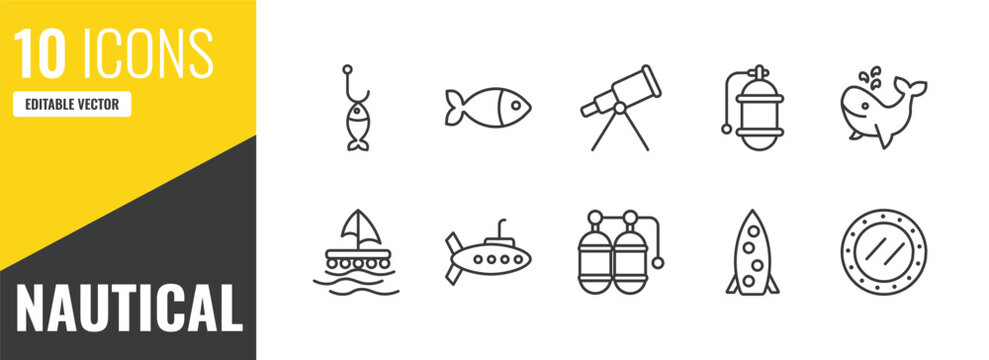 nautical outline icon set. 10 linear vector for ui, web and mobile. thin line fish shaped bait, fish facing right, boat telescope icons.