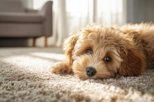 Cute puppy resting on plush carpet beside a wet spot in a cozy living room