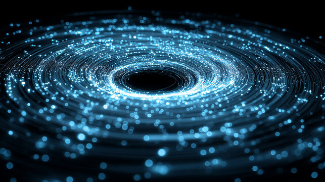 Swirling luminous particles forming a circular vortex to represent data flow, digital gravity, and centralized information processing.

