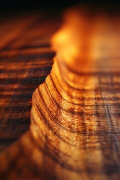 Close-up of figured Hawaiian koa wood with rich flame grain and warm amber tones