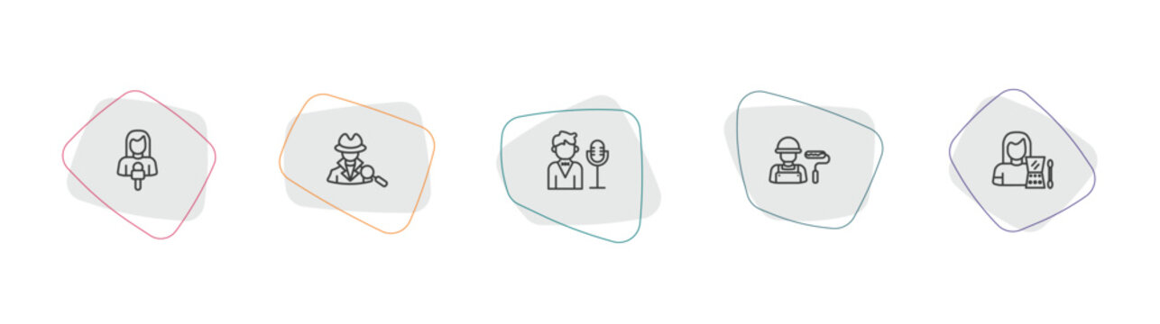 professions & jobs outline icon set. linear vector for ui, web and mobile. thin line journalist, detective, showman icons.