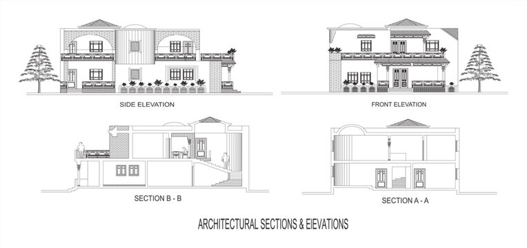 Architectural sections and elevations of a large house with detailed views