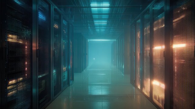 Server room displaying digital data and network infrastructure