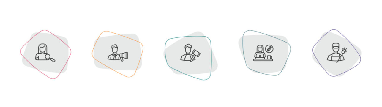 professions outline icon set. linear vector for ui, web and mobile. thin line hr specialist, marketing manager, judge icons.
