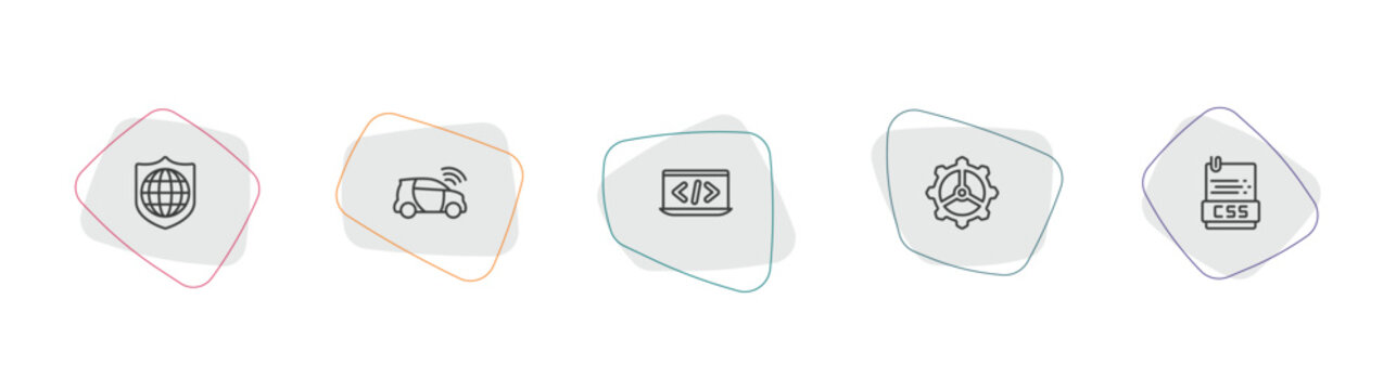 programming outline icon set. linear vector for ui, web and mobile. thin line secured network, smart car, programming language icons.