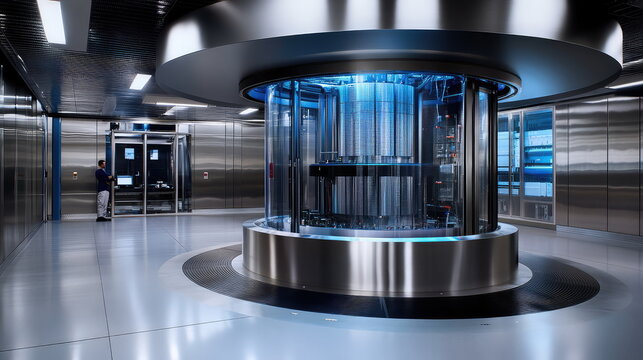 Scientist monitors advanced quantum computing hardware in a bright, secure data center, enabling ai research, high performance computing and next generation technological breakthroughs