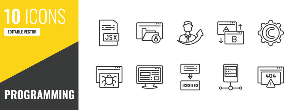 programming outline icon set. 10 linear vector for ui, web and mobile. thin line jsx, encripted file, seo growth icons.